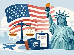 Illustration of the Statue of Liberty with American flag and legal symbols.