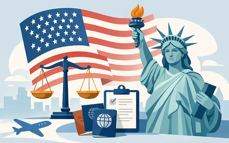 Illustration of the Statue of Liberty with American flag and legal symbols.