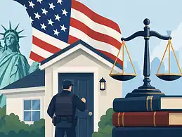 Police officer at a house with American flag, scales of justice, and legal books.