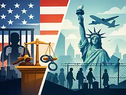 Contrasting images of justice and immigration issues in the US.