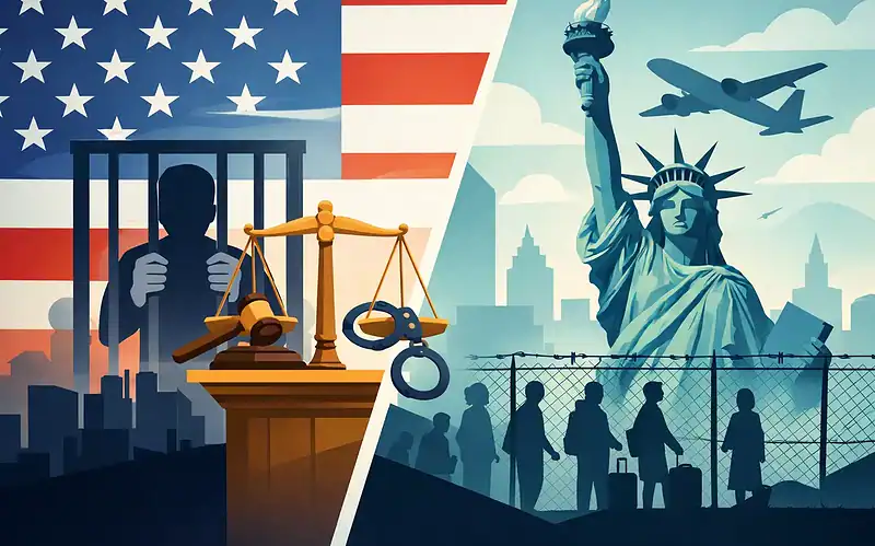 Contrasting images of justice and immigration issues in the US.