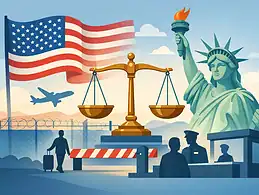 U.S. immigration and border security illustration with Statue of Liberty and American flag.