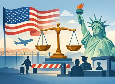 U.S. immigration and border security illustration with Statue of Liberty and American flag.