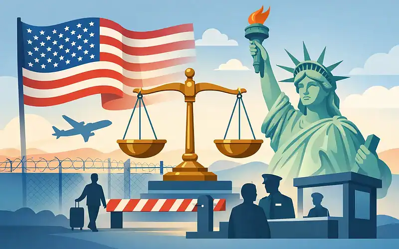 U.S. immigration and border security illustration with Statue of Liberty and American flag.