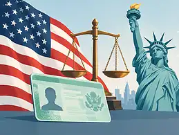 U.S. flag, legal scales, and a green card with Statue of Liberty in background.