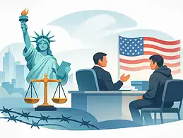 Legal interview scene with Statue of Liberty and American flag in background.