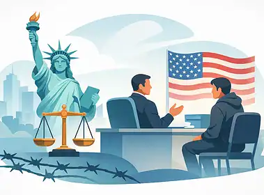 Legal interview scene with Statue of Liberty and American flag in background.