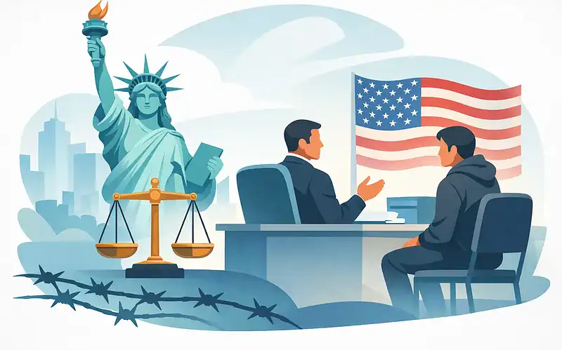 Legal interview scene with Statue of Liberty and American flag in background.