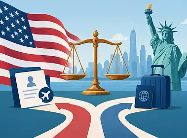 Legal and immigration symbols with US flag and New York skyline background.