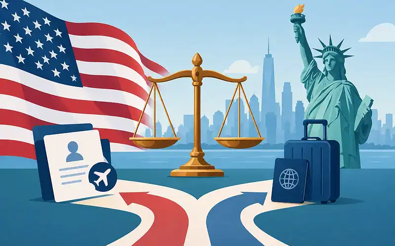 Legal and immigration symbols with US flag and New York skyline background.