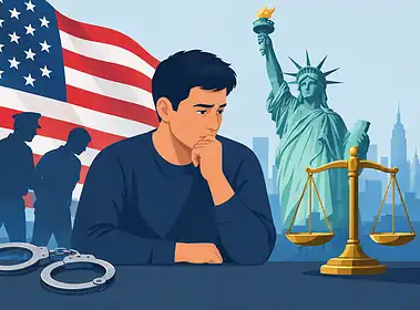 Young man contemplating legal issues with American symbols and handcuffs.