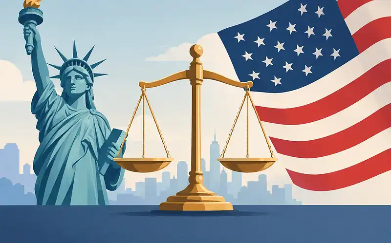 Statue of Liberty with American flag and scales of justice in background.