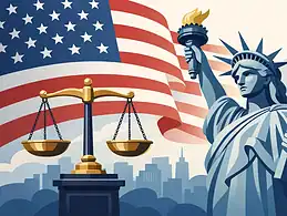 Statue of Liberty with American flag and scales of justice in background.