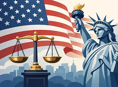 Statue of Liberty with American flag and scales of justice in background.