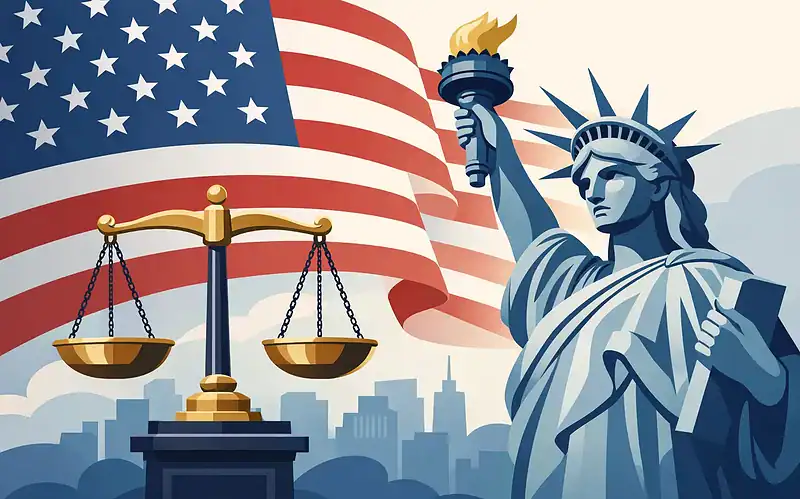 Statue of Liberty with American flag and scales of justice in background.