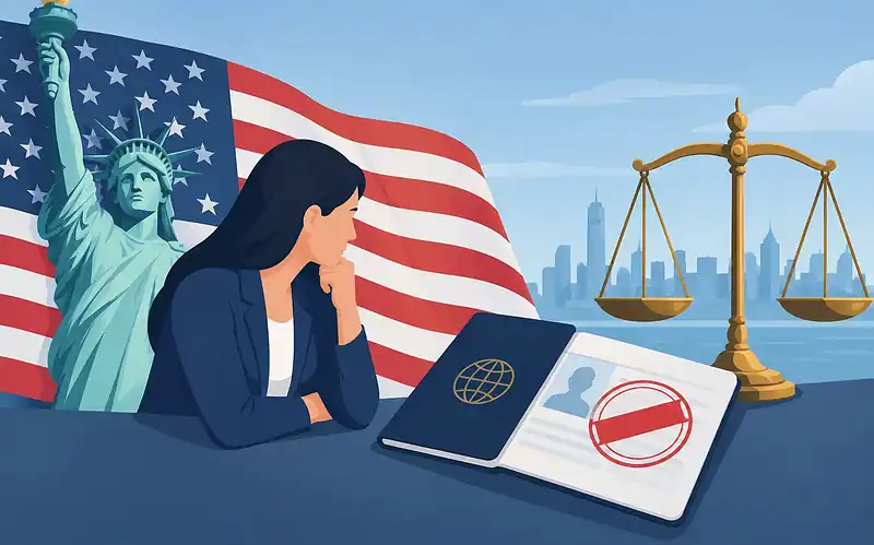 Legal woman contemplating visa issues with American symbols and scales of justice.