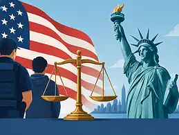 Law enforcement officers and the Statue of Liberty with American flag in background.