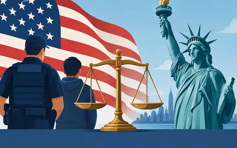 Law enforcement officers and the Statue of Liberty with American flag in background.