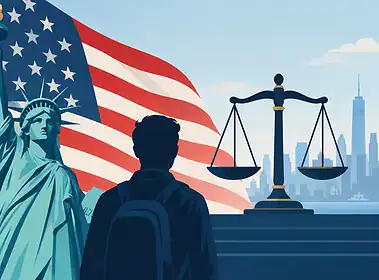 Legal justice concept with Statue of Liberty, scales of justice, and New York City skyline.