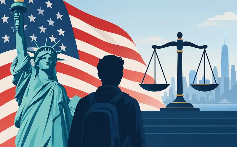 Legal justice concept with Statue of Liberty, scales of justice, and New York City skyline.