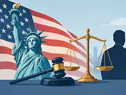 Legal symbols with American flag and city skyline background.