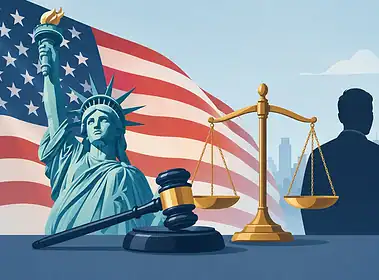 Legal symbols with American flag and city skyline background.