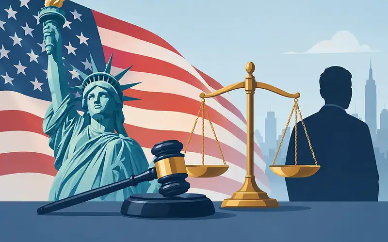 Legal symbols with American flag and city skyline background.
