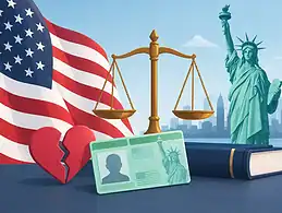 Legal and immigration symbols with American flag and Statue of Liberty.
