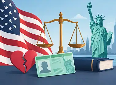 Legal and immigration symbols with American flag and Statue of Liberty.