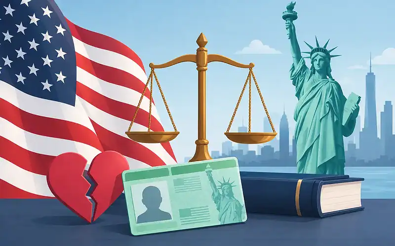 Legal and immigration symbols with American flag and Statue of Liberty.