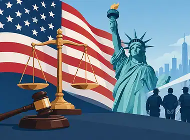 Legal justice and immigration theme with scales, flag, statue of liberty and police officers.