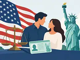 Couple with US flag and Statue of Liberty, legal documents for marriage verification.