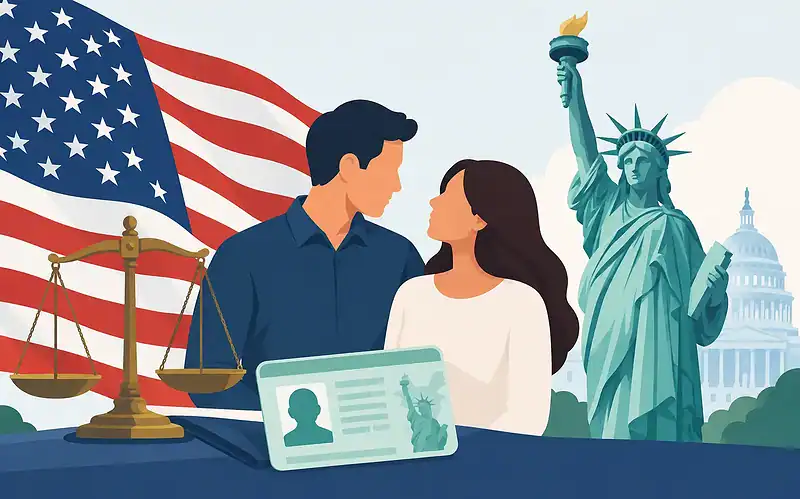 Couple with US flag and Statue of Liberty, legal documents for marriage verification.