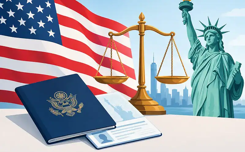U.S. passport, scales of justice, and Statue of Liberty with New York City skyline.