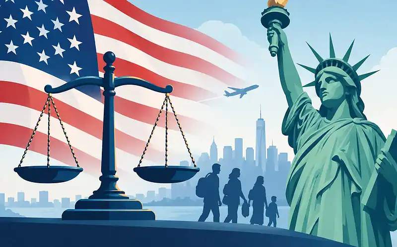 Statue of Liberty with American flag and city skyline in background.
