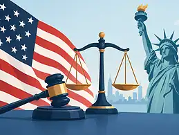 Legal symbols with American flag and Statue of Liberty in background.