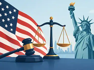 Legal symbols with American flag and Statue of Liberty in background.