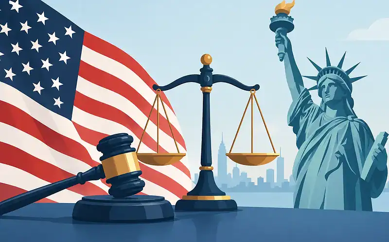 Legal symbols with American flag and Statue of Liberty in background.