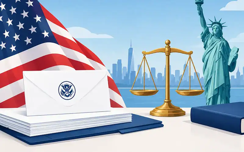 Legal and immigration symbols with US flag and New York skyline background.