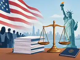 Legal immigration documents with Statue of Liberty and US flag in background.