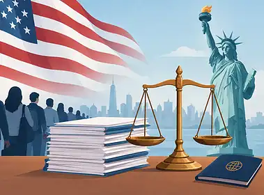 Legal immigration documents with Statue of Liberty and US flag in background.