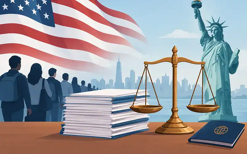 Legal immigration documents with Statue of Liberty and US flag in background.