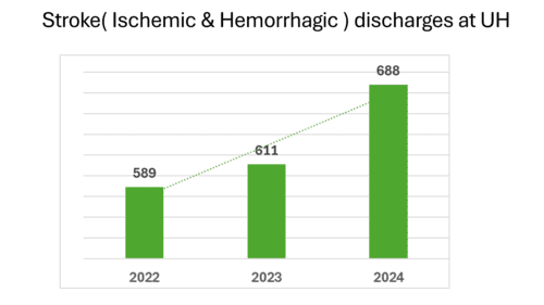 Bar chart: stroke discharges at University Hospital, 2022 to 2024 (data below)