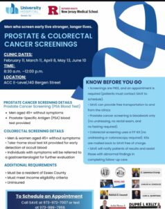 Prostate and Colorectal Cancer Screenings flyer (details below)