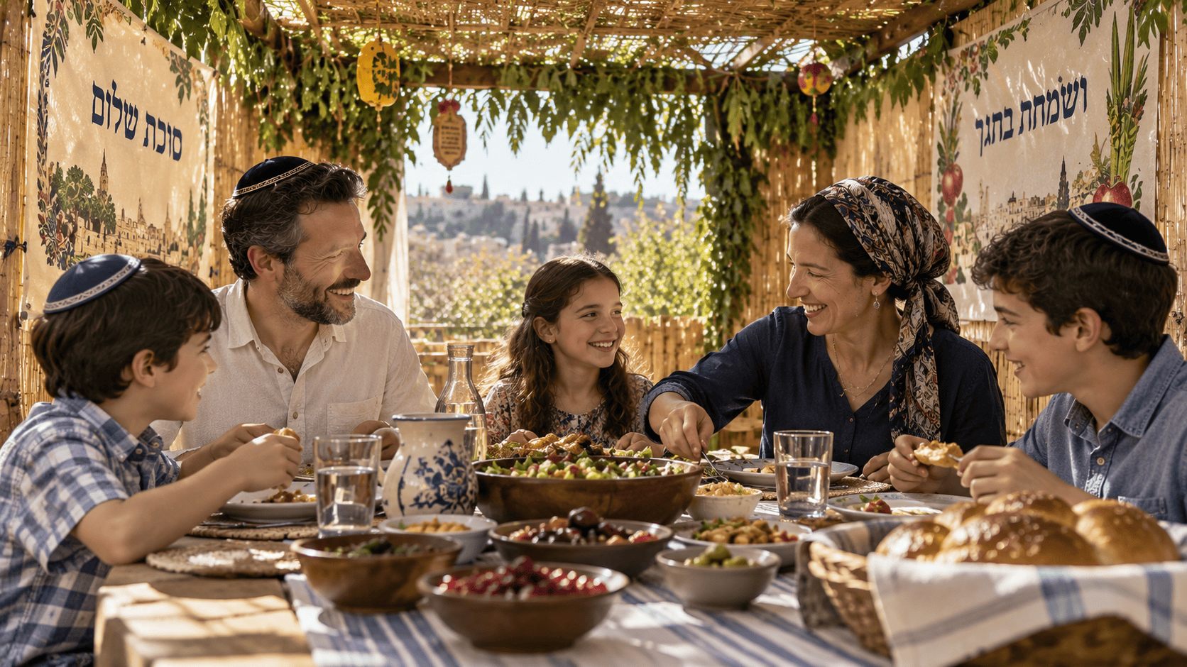 Familia judía celebrando Sukkot