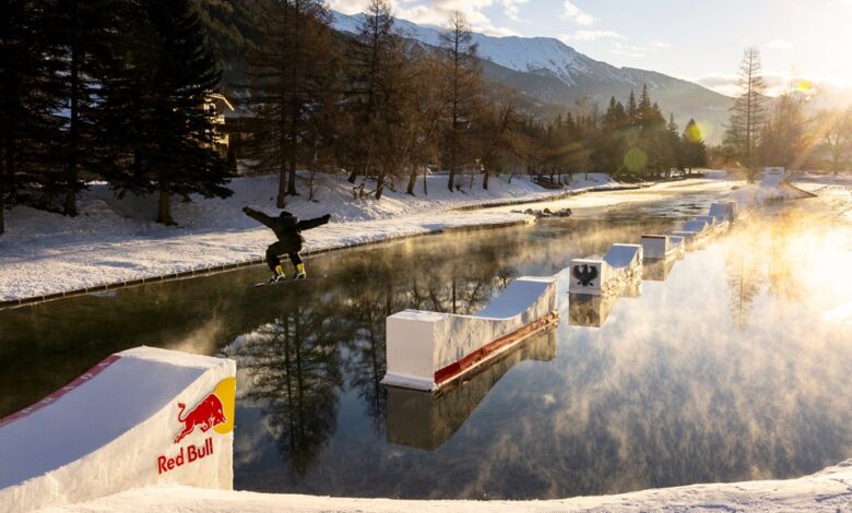 Pierre Vaultier performs ollie over the first gap during his project "Floating Shapes" in Serre Chevalier, France on January 18, 2025