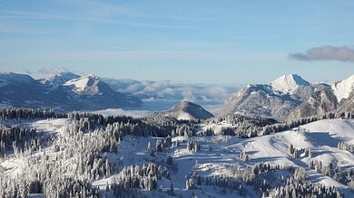 Snow-covered mountain landscape with pine forests and clear blue sky, perfect for winter sports and winter travel enthusiasts.