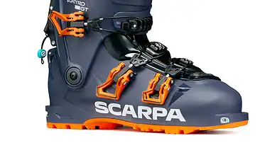 Lightweight men's ski boot with adjustable buckles and comfortable liner, ideal for all-mountain skiing and winter sports. Designed for performance and durability on snow.