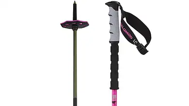 Aluminium ski poles with ergonomic grips and adjustable straps, perfect for winter sports enthusiasts seeking reliable equipment for winter adventures.
