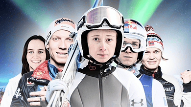 1. Ski racing athletes in winter sports gear under the Northern Lights, representing the thrill of winter sport competitions and snow sports.